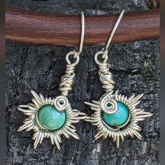 Hand Crafted 925 Sterling Silver Sunburst Earrings Turquoise Gemstone Beads - Picture 6 of 15